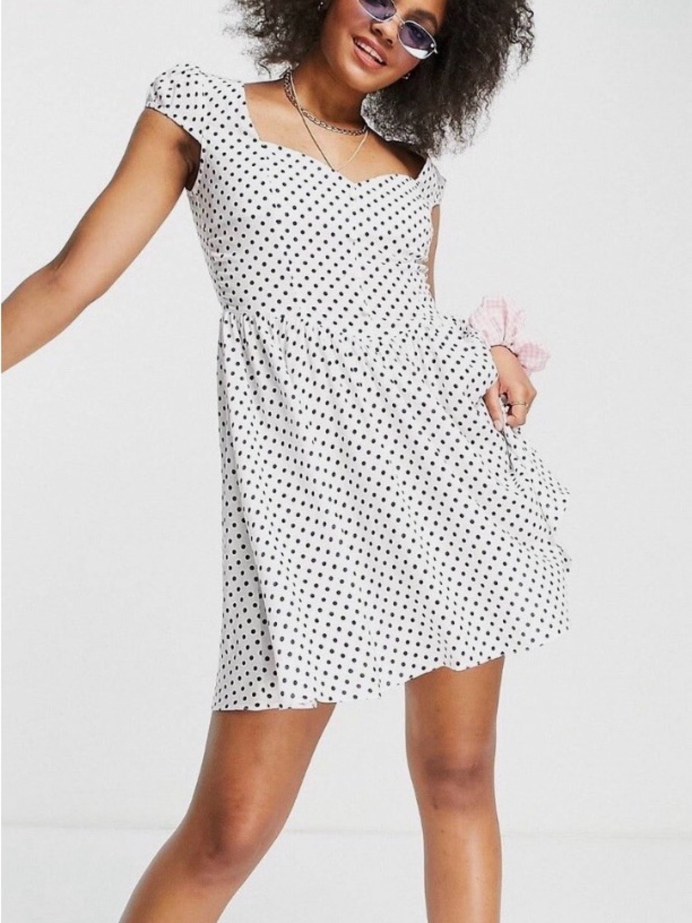 Asos Design White Polka Dot Sweetheart Neck Mini Dress